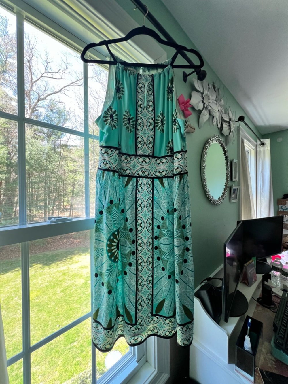dressbarn Teal and White Sleeveless Printed Dress